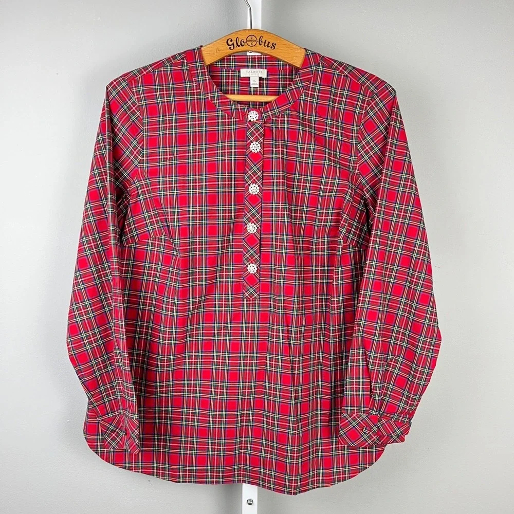 Talbots Petites Red Tartan Plaid Popover Shirt Top Womens‎ MP Holiday Christmas